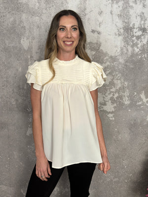 Ecru Pleated Ruffle Top (Small - 2X) - FINAL SALE