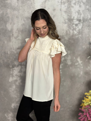 Ecru Pleated Ruffle Top (Small - 2X) - FINAL SALE