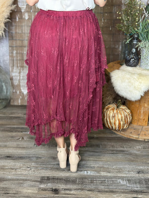 Burgundy Lace Asymmetric Skirt