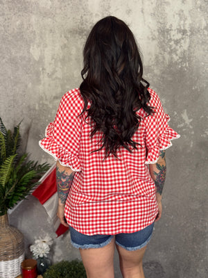 Red Plaid Short Sleeve Top with Lace Ruffle Sleeve (Small - 2X)