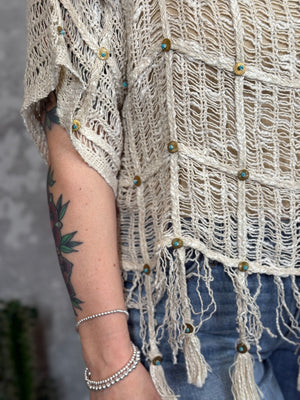 Textured Fringe Turquoise Studed Top