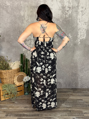 Black Floral Deep V Maxi Dress (Small - 3X)