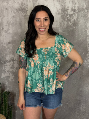 Green/Orange Floral Babydoll Top