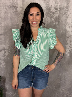 Seersucker Ruffle Top- Green (Small - 2X)