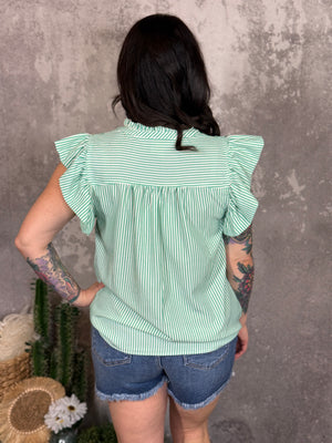 Seersucker Ruffle Top- Green (Small - 2X)