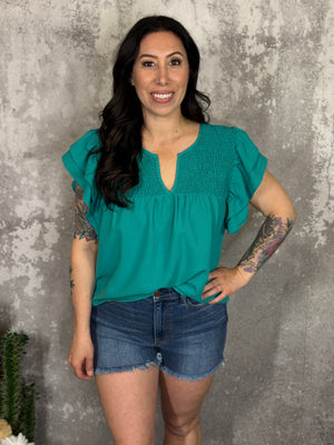 Dark Teal Textured Ruffle Top with Ruching