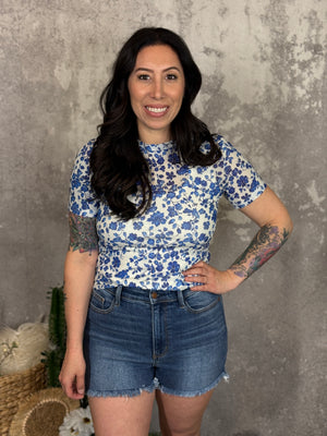 Blue Floral Mesh Top