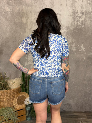 Blue Floral Mesh Top