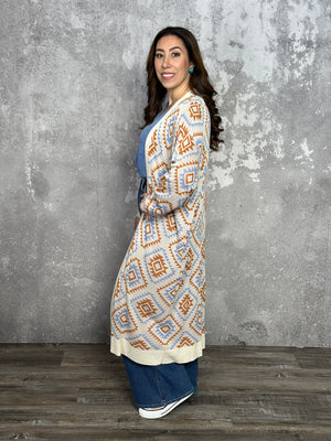 Geo Print Long Cardigan (Small - 3X) RESTOCK
