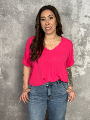 Hot Pink Airflow Vneck Top with rolled Sleeves (Small - 2X)