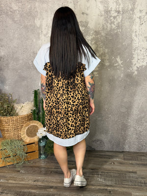 Leopard Blue Stripe Pattern Mix Dress (Small - 3X)