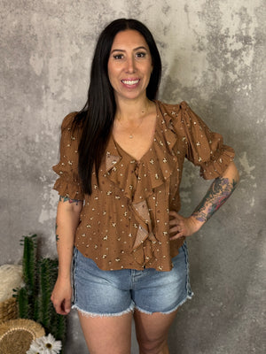 Camel Floral Ruffle Top (Small - 3X)