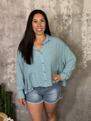 Chambray Peplum Long Sleeve Top (Small - 3X)