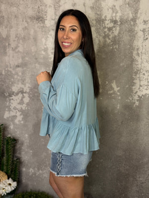 Chambray Peplum Long Sleeve Top (Small - 3X)