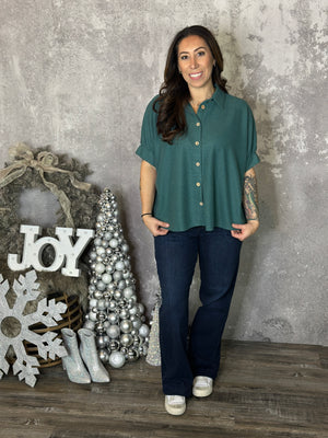 Teal Short Sleeve Collared Button Up Top