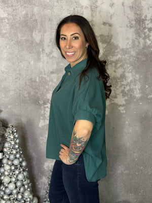 Teal Short Sleeve Collared Button Up Top