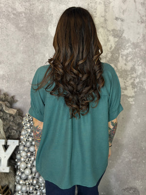 Teal Short Sleeve Collared Button Up Top