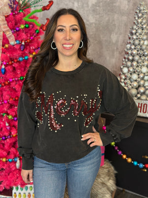 Mineral Wash Merry Pearl Rhinestone Crewneck (Small - 3X)