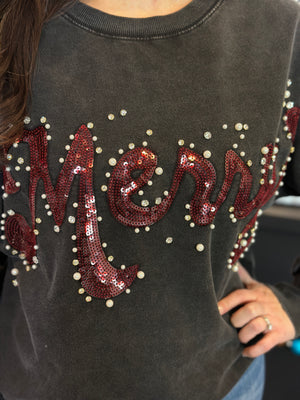 Mineral Wash Merry Pearl Rhinestone Crewneck (Small - 3X)