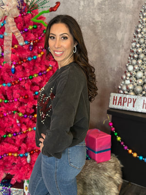 Mineral Wash Merry Pearl Rhinestone Crewneck (Small - 3X)