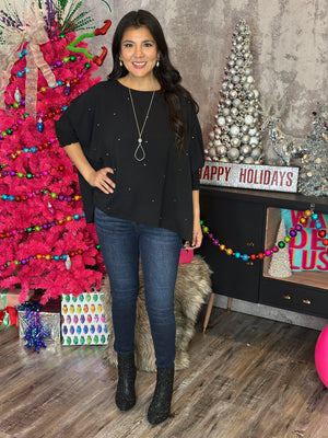 Black 3/4 Sleeve Rhinestone Top (Small - 3X)