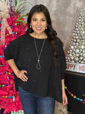 Black 3/4 Sleeve Rhinestone Top (Small - 3X)