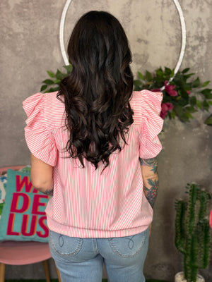 Seersucker Ruffle Top- Pink (Small - 2X)
