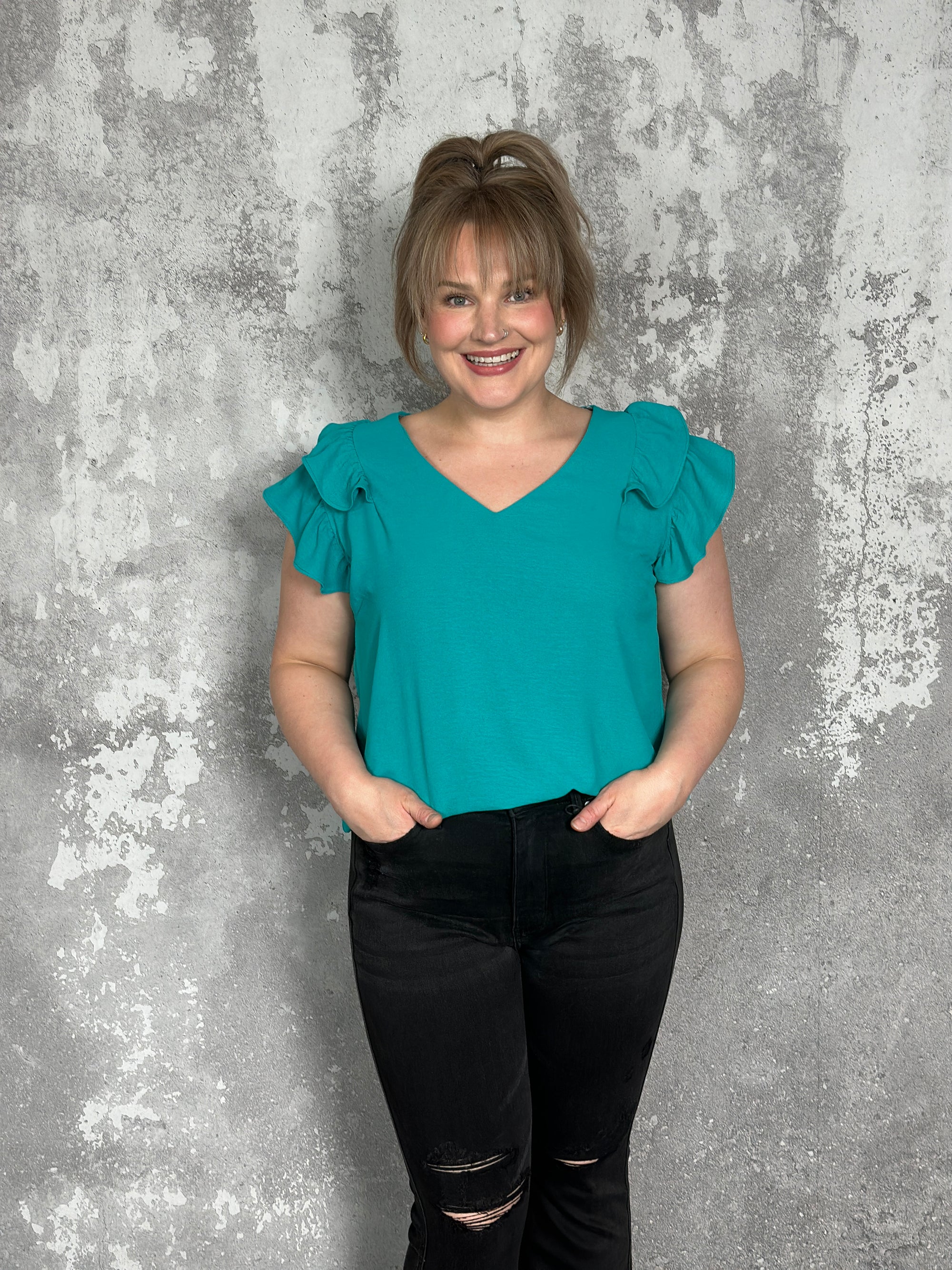 The Olivia Ruffle Top - Teal (Small - 2X)