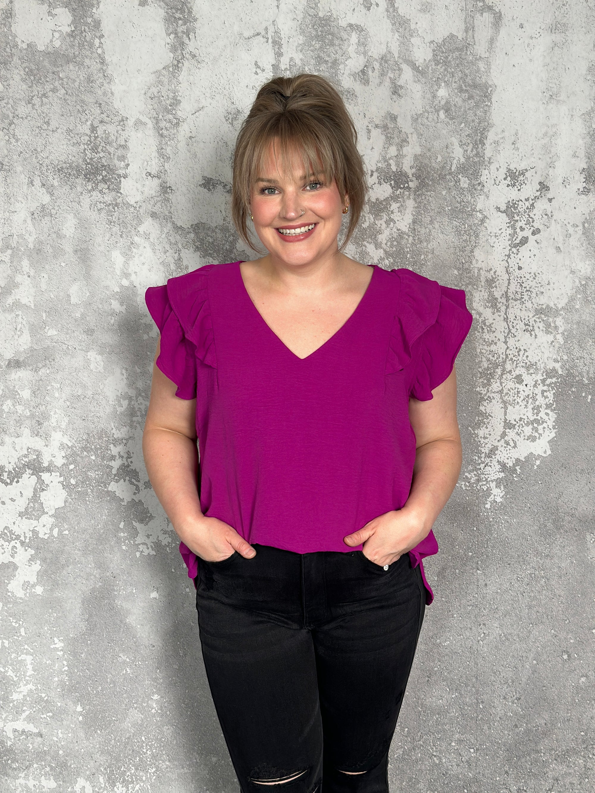 The Olivia Ruffle Top - Purple (Curvy Only)