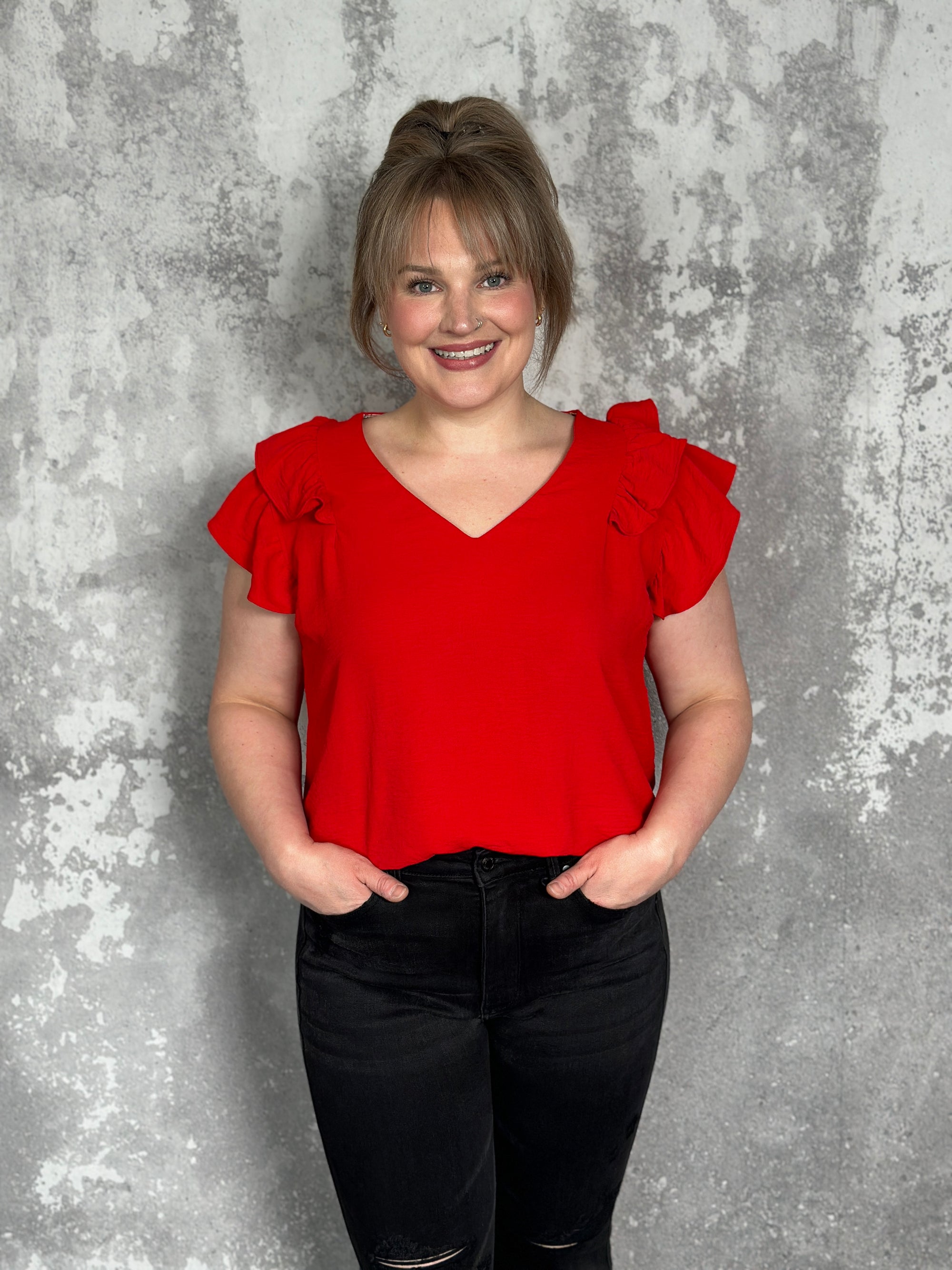 The Olivia Ruffle Top - Red (Small - 2X)