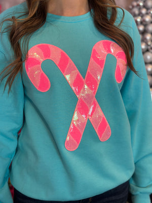 Pink Sequins Candy Cane Patch Crewneck Sweatshirt