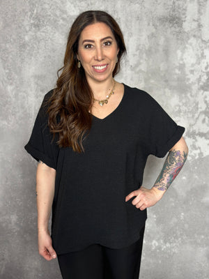 Basic Airflow Vneck with Rolled Sleeves - Black (Small - 3X)