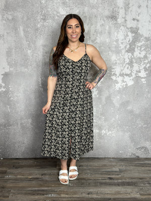 Button Front Detail Back Tie Midi Dress (Small - 3X)