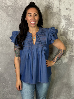 Denim Pleat Ruffle Top (Small - 2X)