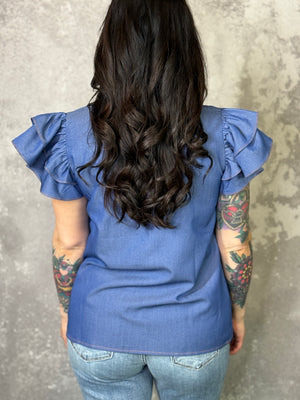 Denim Pleat Ruffle Top (Small - 2X)