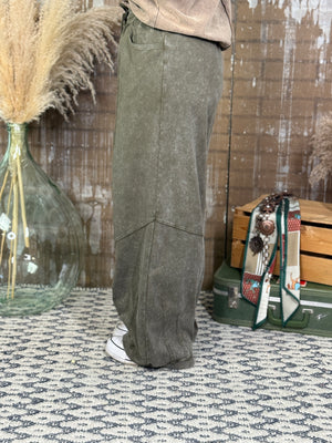 Mineral Wash Wide Leg Pants - Olive (Small - 3X)