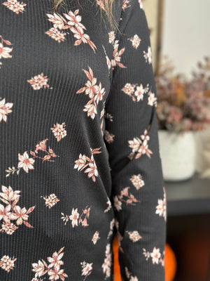 Black Floral Long Round neck Long Sleeve (Small - 3X) - FINAL SALE