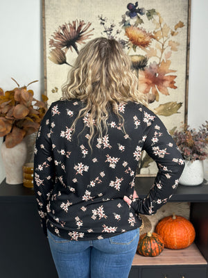 Black Floral Long Round neck Long Sleeve (Small - 3X) - FINAL SALE