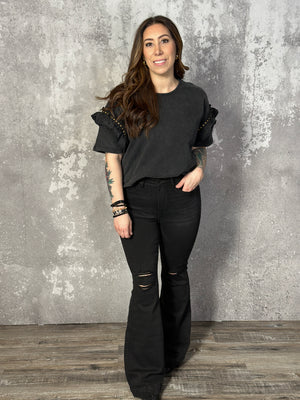 Mineral Wash Studded Sweatshirt Ruffle Tee