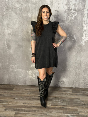 Mineral Wash French Terry Ruffle Sleeve Dress