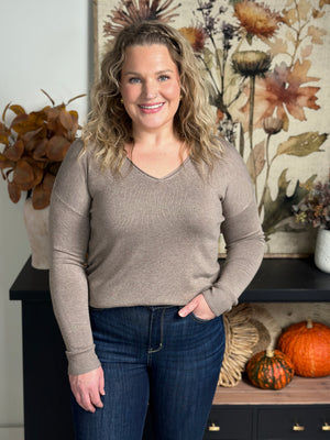 The Vneck Scarlett Sweater - Mocha (Small - 3X) FINAL SALE