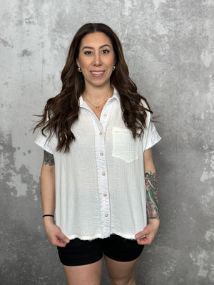 White Gauze Button Up Tee