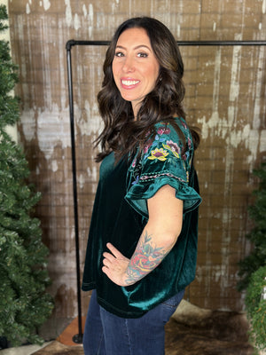 Velvet Top with Embroidered Sleeves - Green - FINAL SALE