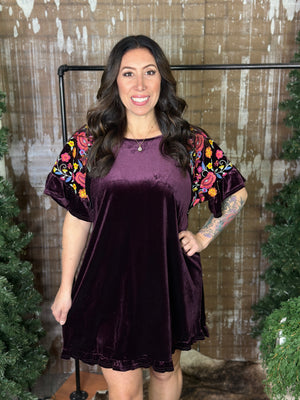 Velvet Dress with Embroidered Sleeves - Plum
