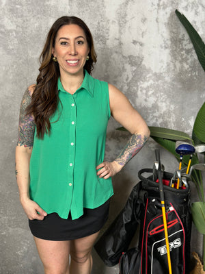 Collared Button Up Airflow Tank - Green (Small - 3X)-FINAL SALE