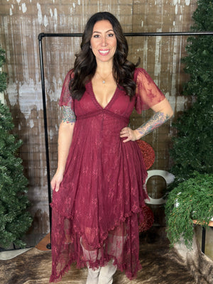 Burgundy Lace Maxi Dress with Asymmetrical Bottom Hem