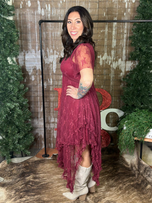 Burgundy Lace Maxi Dress with Asymmetrical Bottom Hem