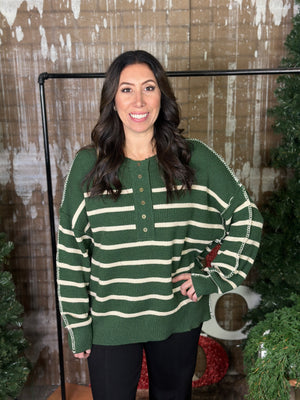 Forest Green Striped Sweater with Buttons and Reverse Hem