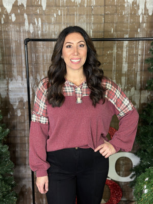 Burgundy Ribbed Top with Plaid Detail