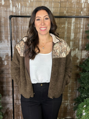 Brown Sherpa Camo Bomber Jacket (Small - 3X)